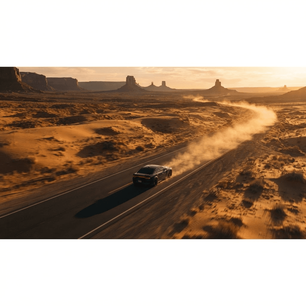 Desert Highway β Golden hour drone shot over a desert highway, dust trail, warm grade