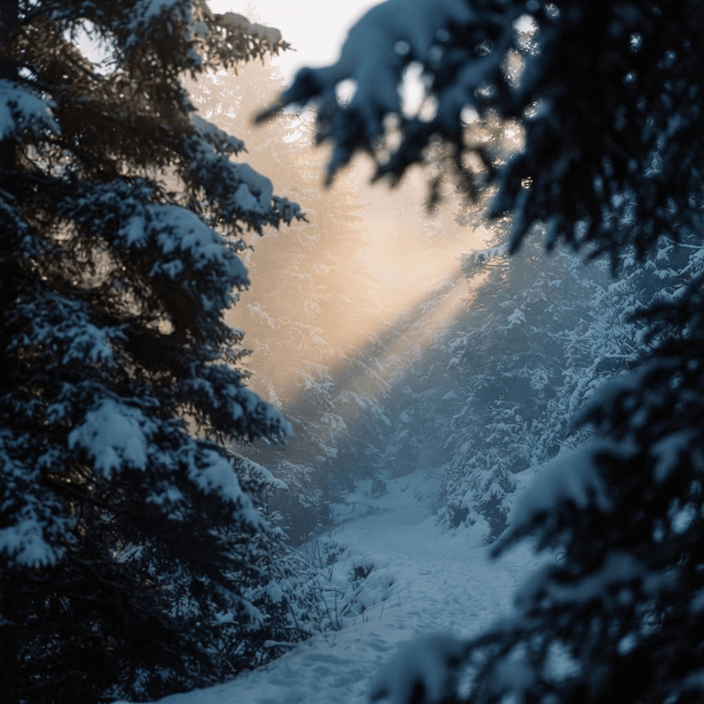 Pine Forest β Snowy pine forest at dawn, camera pushes through branches, volumetric light